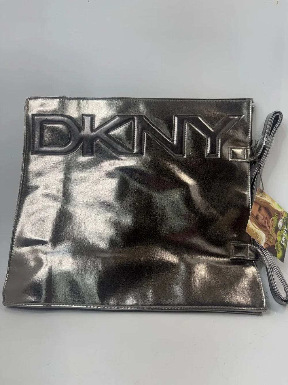 DKNY Metallic Silver Tote Bag With Snap Closure & Interior Pocket New
